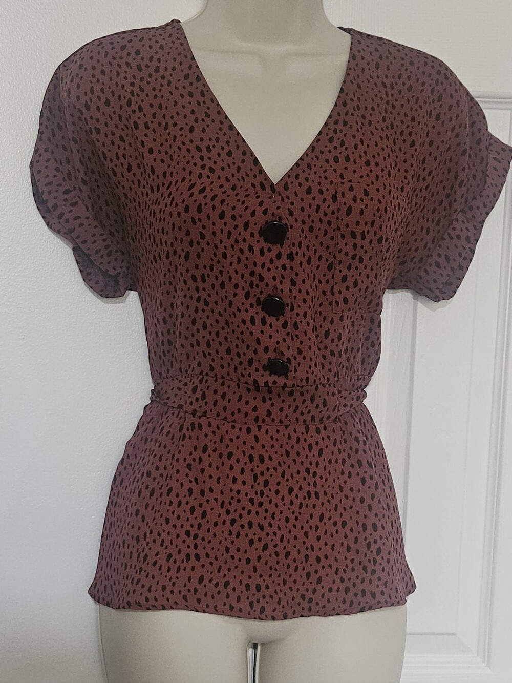 Sweet Rain Dusty Rose Dot V-Neck Blouse with Black Buttons